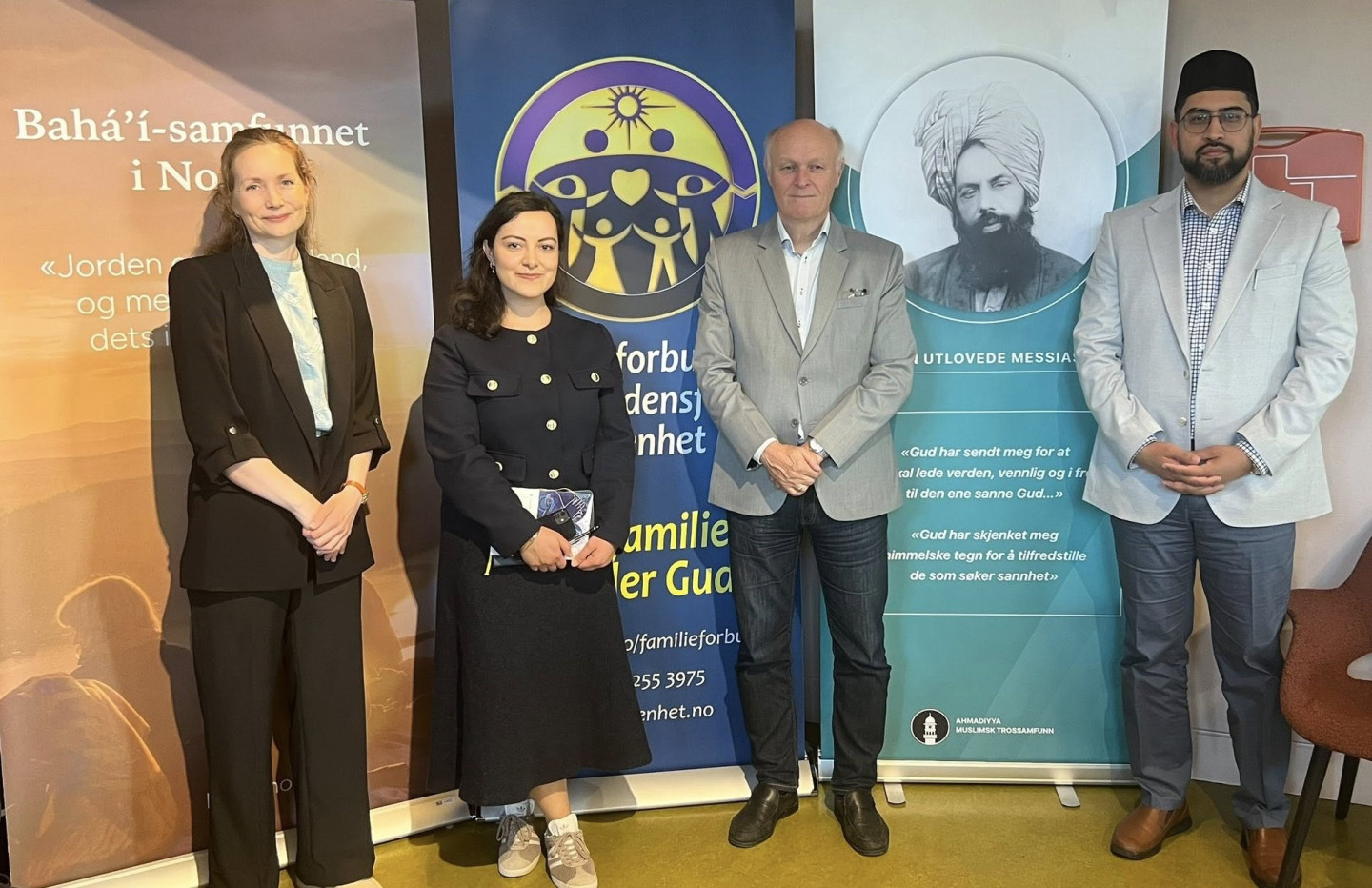 From left. Kristine Tveit Jordet Stefanus Alliance Elnaz Zabihyan Bahai Steinar Murud FFWPU Musawer Shahid Ahmadiyya Muslim Community Kopi